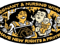 A cartoon in black and gold shows a woman with a sonogram and a person with a small baby, all are smiling. In the background is a disgruntled boss.