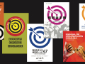 Book covers for six translations of Secrets of a Successful Organizer, in various colors, most featuring the bullseye logo. The Spanish tenants one instead shows two hands joined by the pinkies. A graphic from inside that book shows the "bullseye" diagram adapted to an onion, with the core group in the center, activists and supporters in layers of the onion, distant people outside the onion, and hostiles represented as a knife cutting the onion.