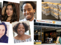 Five headshots. Alex and Deborah are white women, Caitlyn is an Asian-American woman, Edward is a Black man, Finley is a Black woman. Another photos shows a hand truck with a PM press logo in a warehouse surrounded by shipping packages. Another photo shows a bookstore storefront with the name Autumn Leaves.