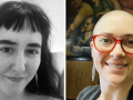 Left: black-and-white headshot of Natascha, she has long dark hair and short bangs, and is smiling closed-mouth, looking up at the camera. Right: color headshot of Kari, a white woman with a shaved head wearing a wide smile and red glasses. Behind her is the mural in the old UE Chicago office.