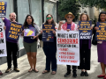 Eight people hold printed signs, many in the yellow/purple SEIU style: "AB 715 = genocide censorship." "Fight back my ass!" "Opposed AB 715: CFA, CFT, ACLU, CTA, CNA... [but not] SEIU." "SEIU CA: Selective + politically safe. Fight back!" "You can't be neutral on a moving train." "When we fight we win! When we're neutral we lose!" Big white signs with black & red letters: "AB 715 censors education on Palestine." "What's next? Censoring education on: Slavery, Queer/Ethnic Studies, Japanese Internment?"