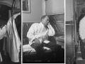 Three black-and-white photos show a Black man, dressed in the white coat and black slacks of a Pullman porter, putting up a bed on an upper berth, resting on a bench seat looking out the train window, and standing on the train stairs. It is not clear whether the three photos show the same man or different men.